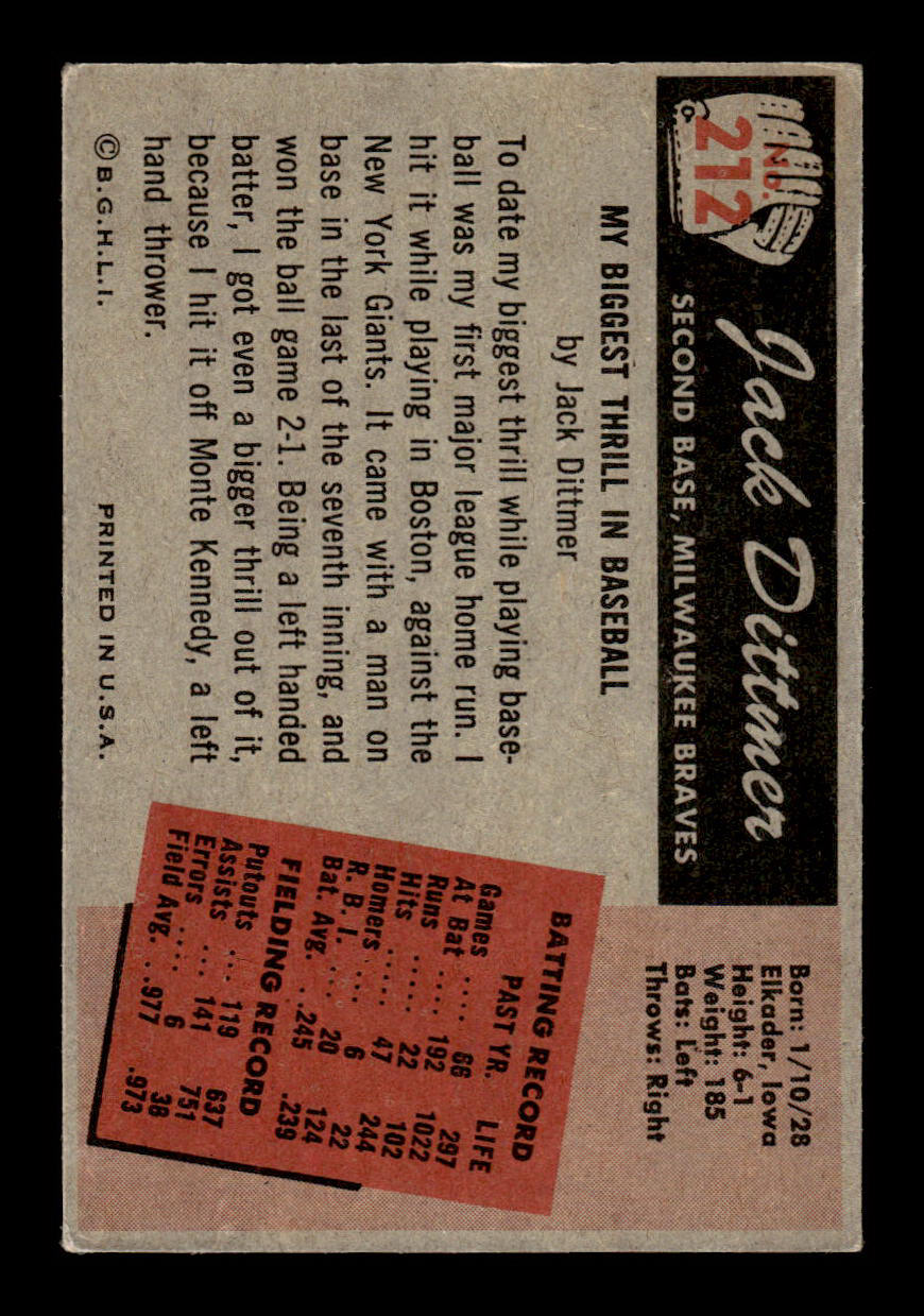 1955 Bowman #212 Jack Dittmer Milwaukee Braves VGEX 55B10007245
