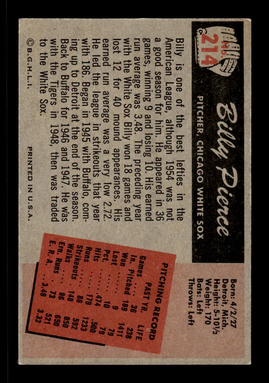 1955 Bowman #214 Billy Pierce Chicago White Sox EX 55B10007247