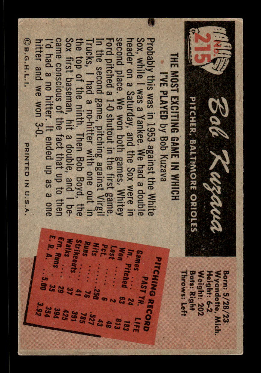 1955 Bowman #215 Bob Kuzava Baltimore Orioles VGEX 55B10007248