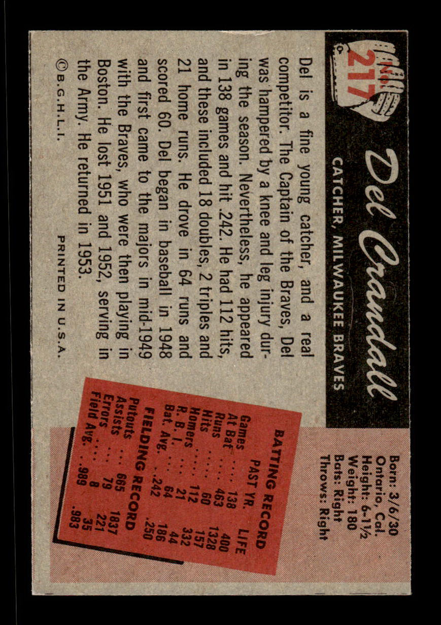 1955 Bowman #217 Del Crandall Milwaukee Braves VGEX 55B10007250