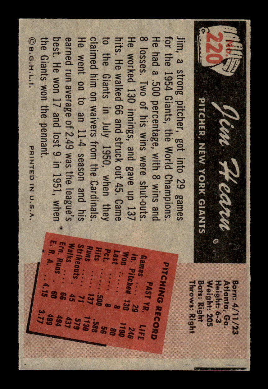 1955 Bowman #220 Jim Hearn New York Giants VG 55B10007253