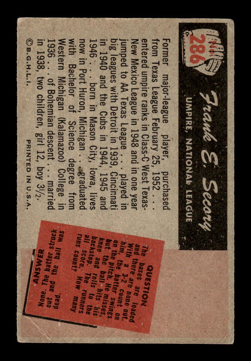 1955 Bowman #286 Frank Secory VG 55B10007317