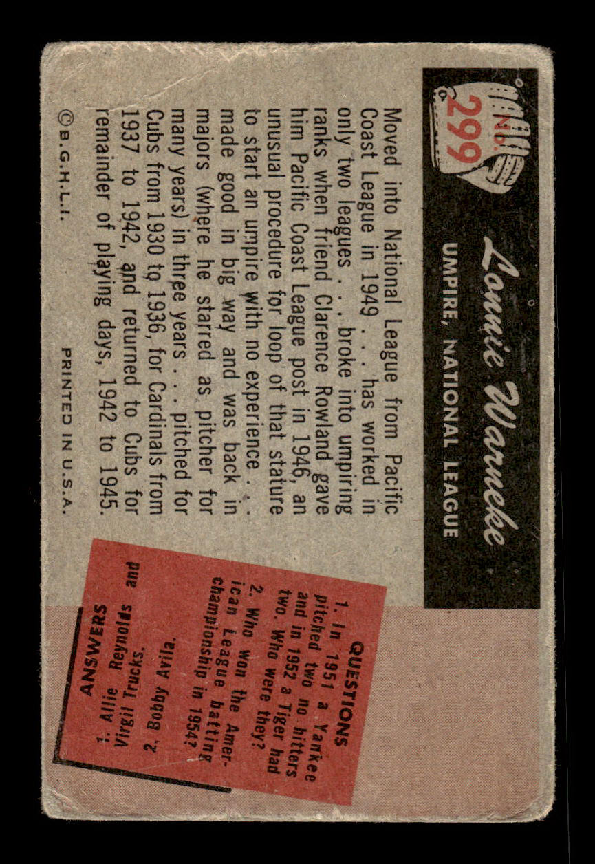1955 Bowman #299 Lon Warneke VG 55B10007329
