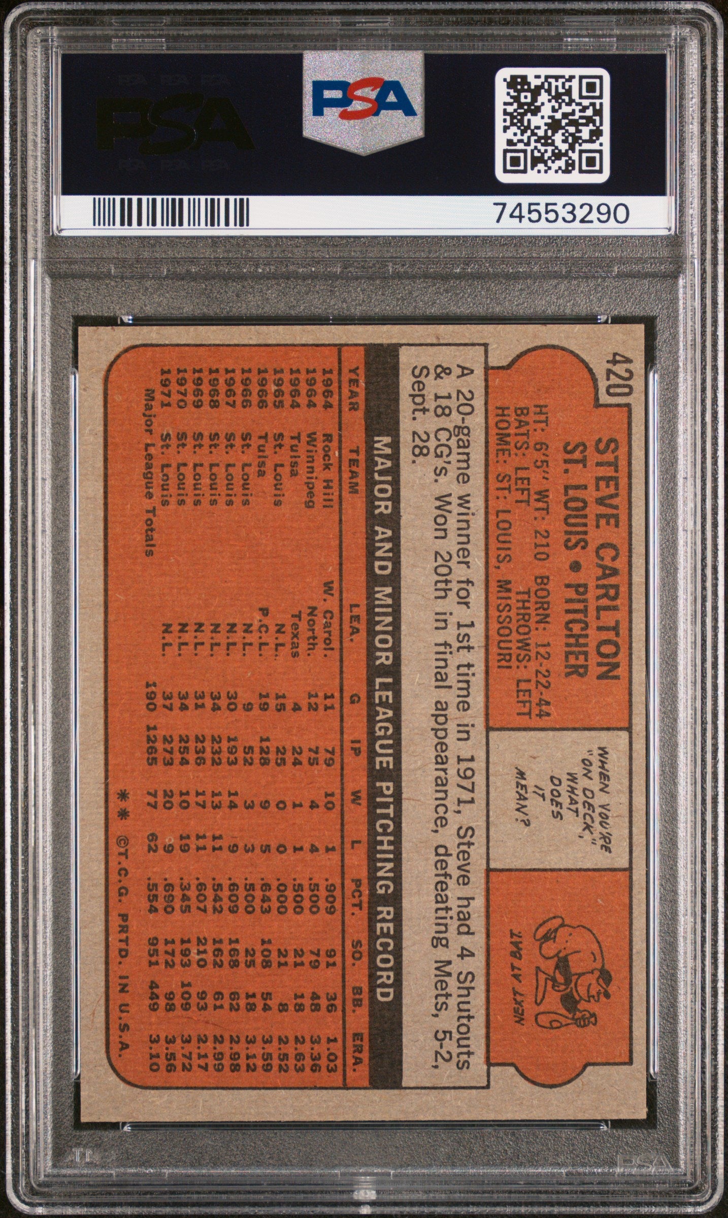 1972 Topps #420 Steve Carlton PSA 7 SN 74553290