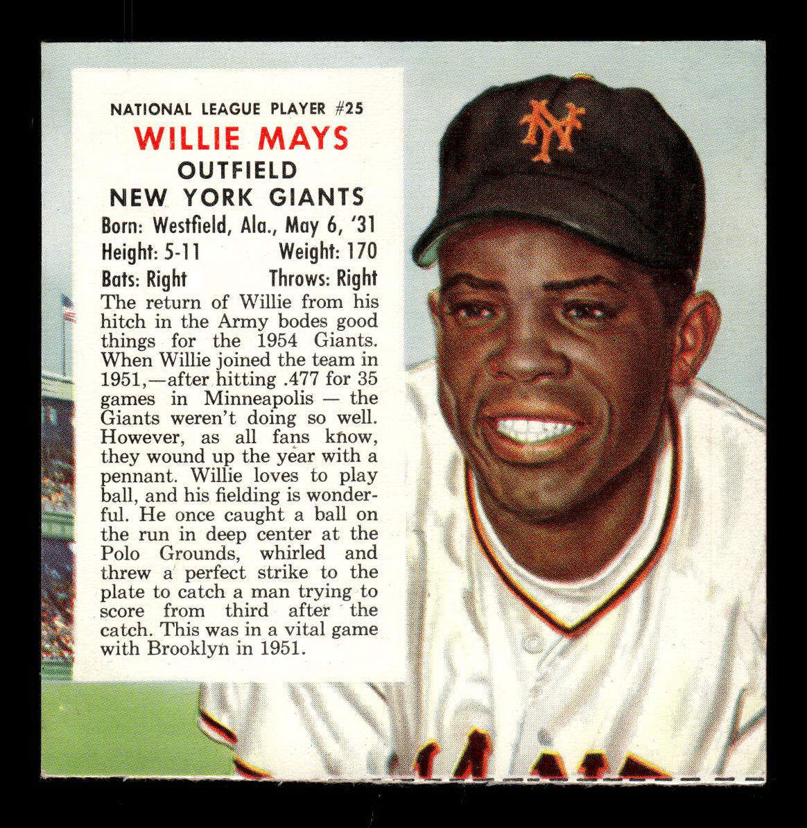 1954 Red Man #NL25 Willie Mays New York Giants VGEX 55B10007419