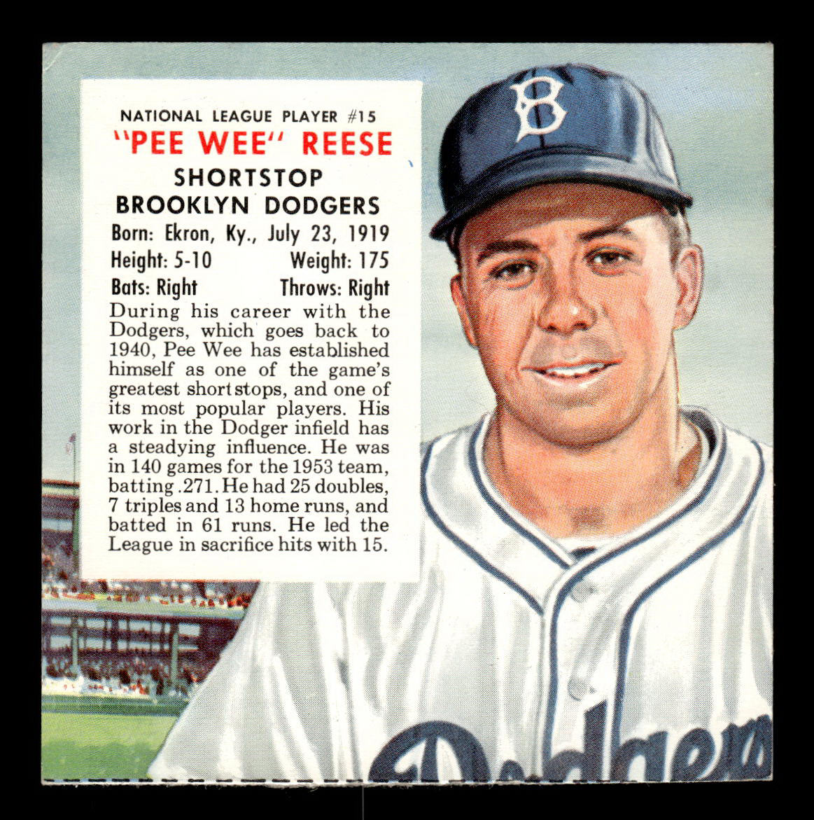 1954 Red Man #NL15 Pee Wee Reese Brooklyn Dodgers VGEX 55B10007420