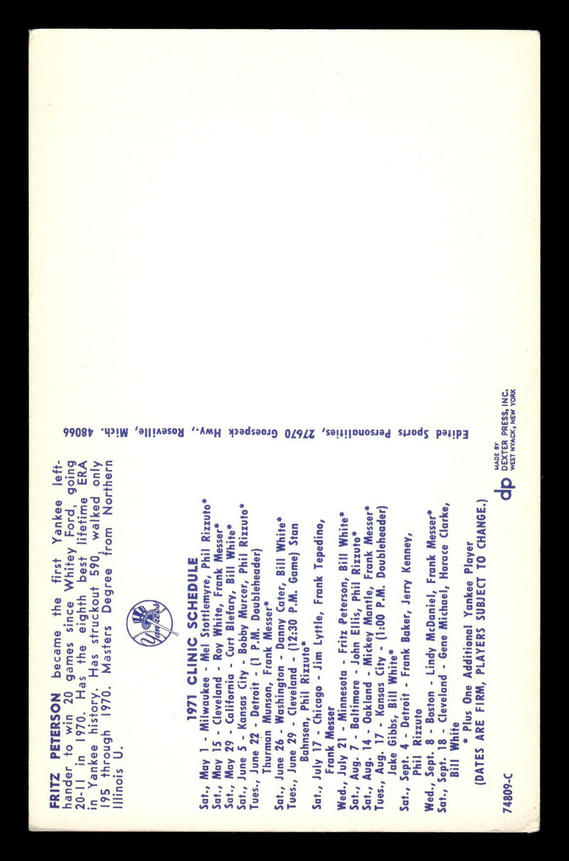 1971 New York Yankees Clinic Day Postcards Fritz Peterson EX 55B10007426
