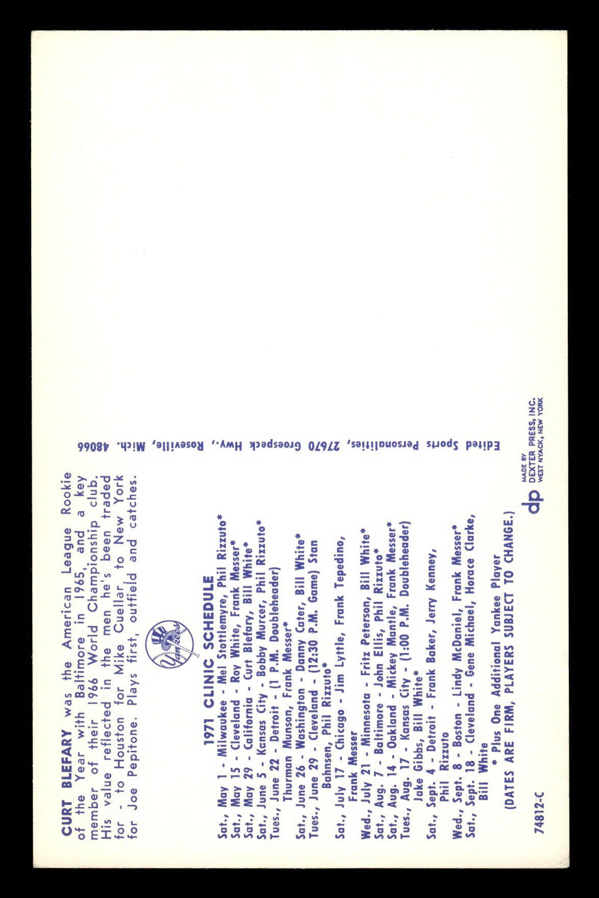 1971 New York Yankees Clinic Day Postcards Curt Blefary EX 55B10007429