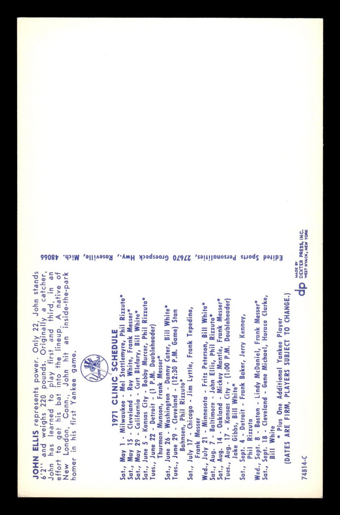 1971 New York Yankees Clinic Day Postcards John Ellis EX 55B10007430