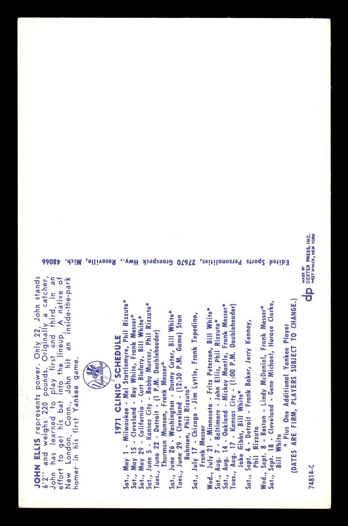 1971 New York Yankees Clinic Day Postcards John Ellis EX 55B10007431