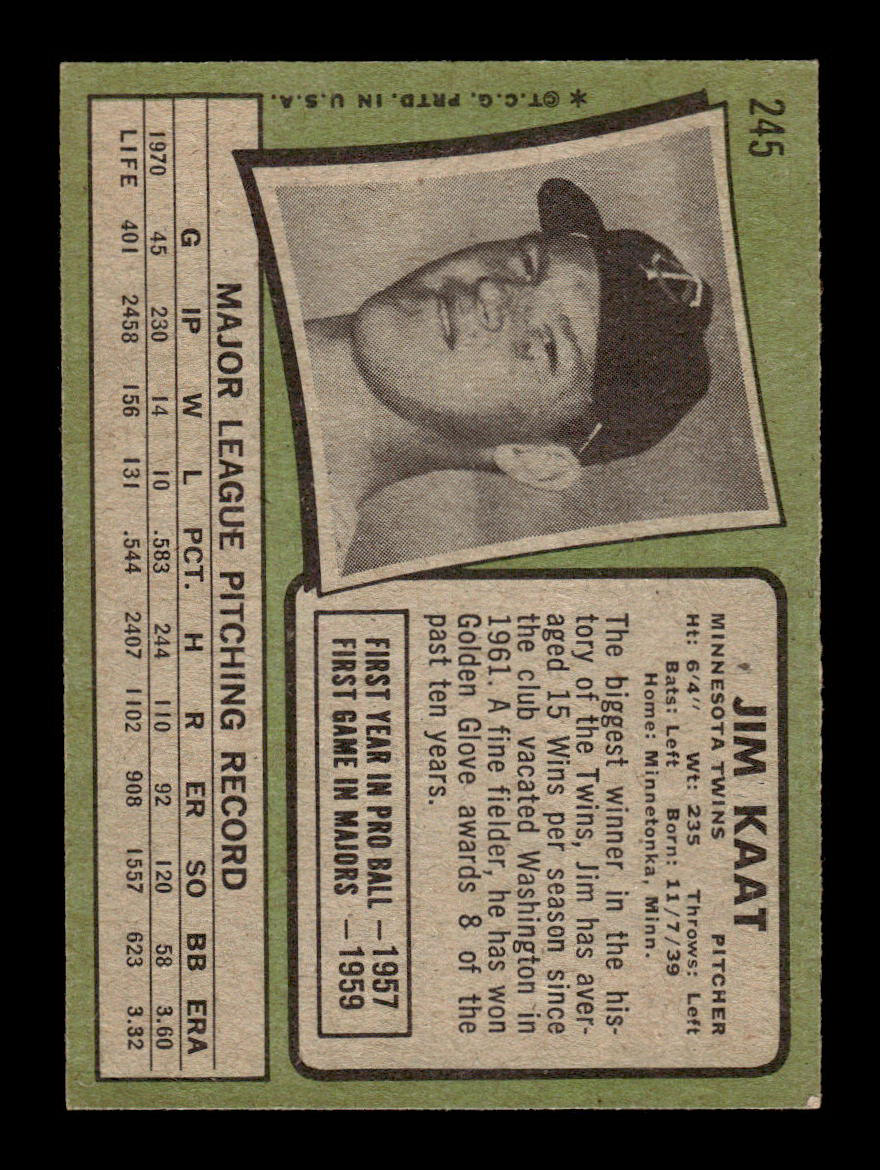 1971 Topps #245 Jim Kaat Minnesota Twins EX 55B10007445