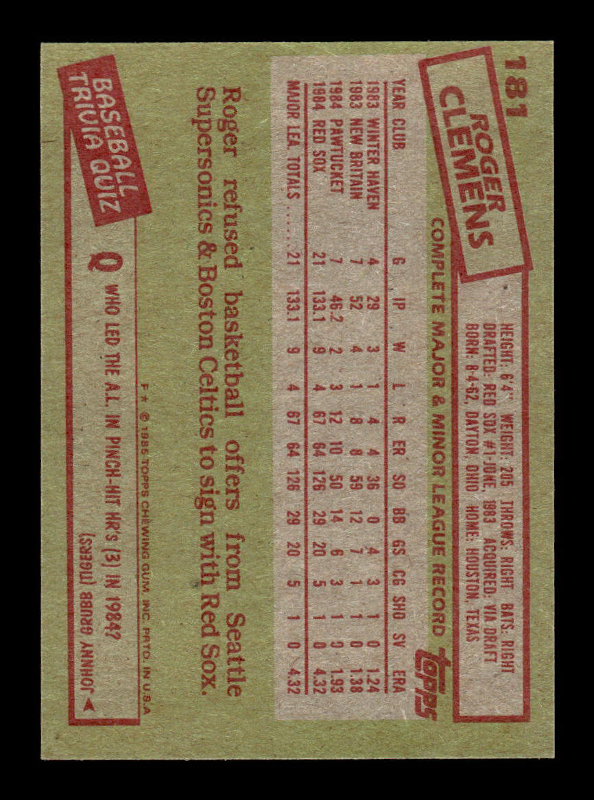 1985 Topps #181 Roger Clemens Boston Red Sox EX 55B10007454