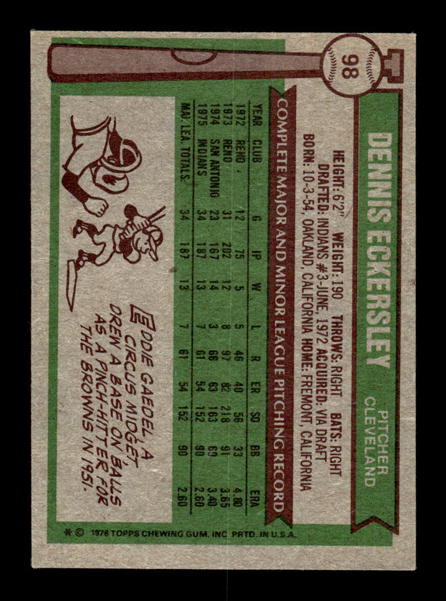 1976 Topps #98 Dennis Eckersley Cleveland Indians EX 55B10007461