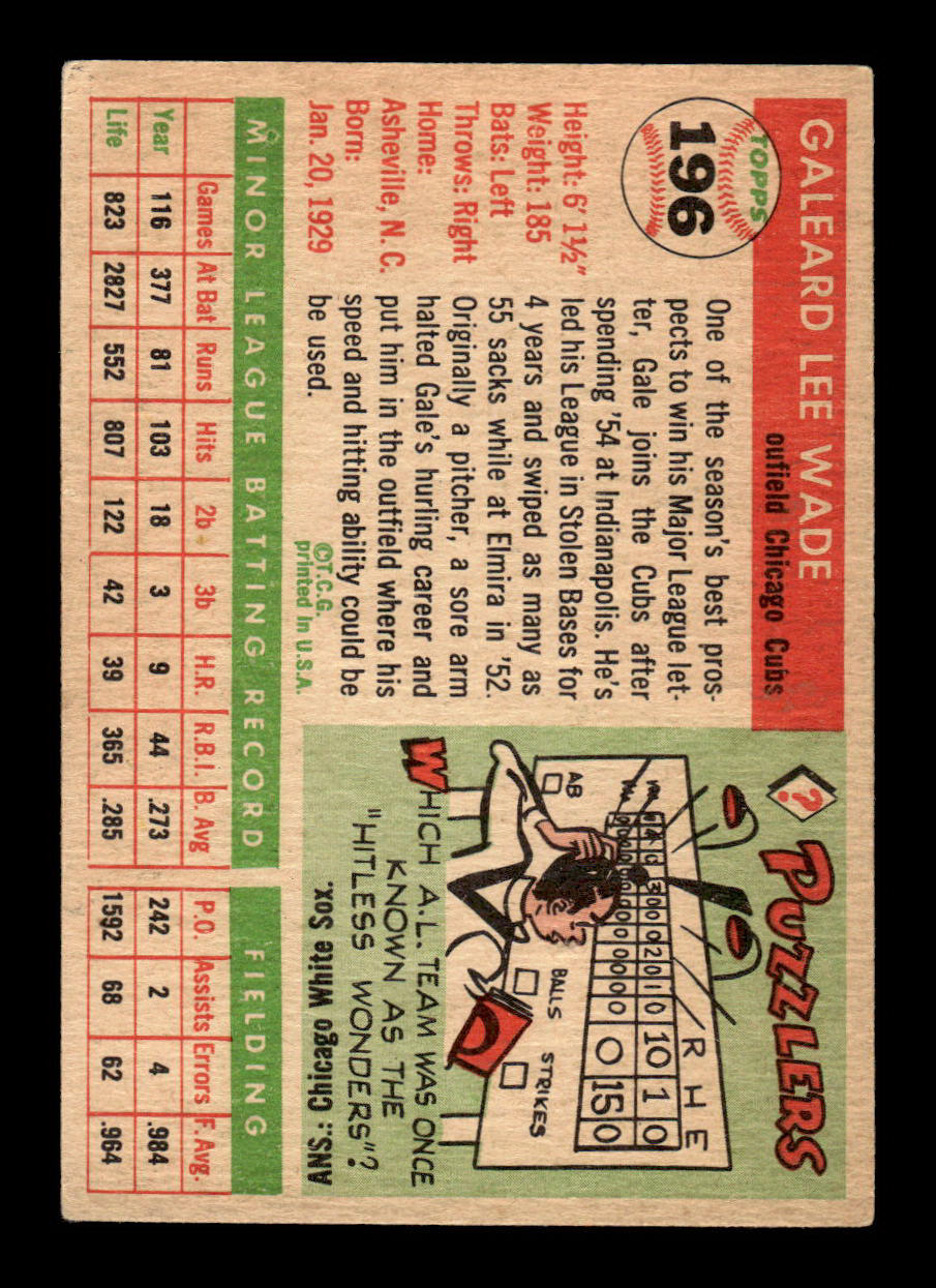 1955 Topps #196 Gale Wade Chicago Cubs EX - HI# 55B10007484