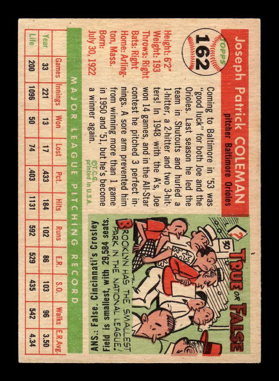 1955 Topps #162 Joe Coleman Baltimore Orioles EX - HI# 55B10007515