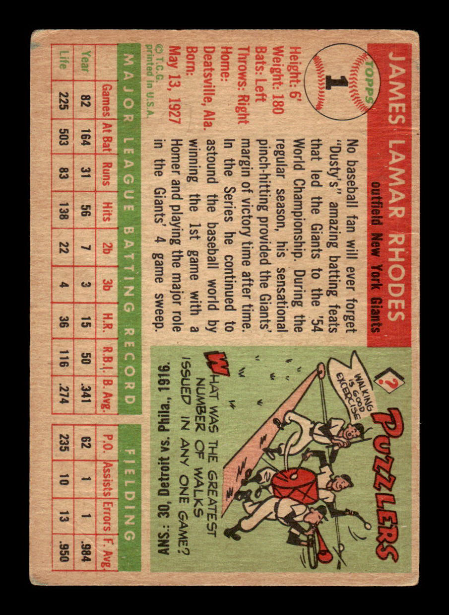 1955 Topps #1 Dusty Rhodes New York Giants VG 55B10007518