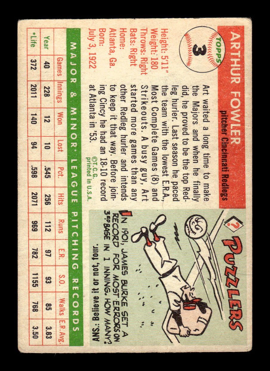 1955 Topps #3 Art Fowler Cincinnati Redlegs VG 55B10007519