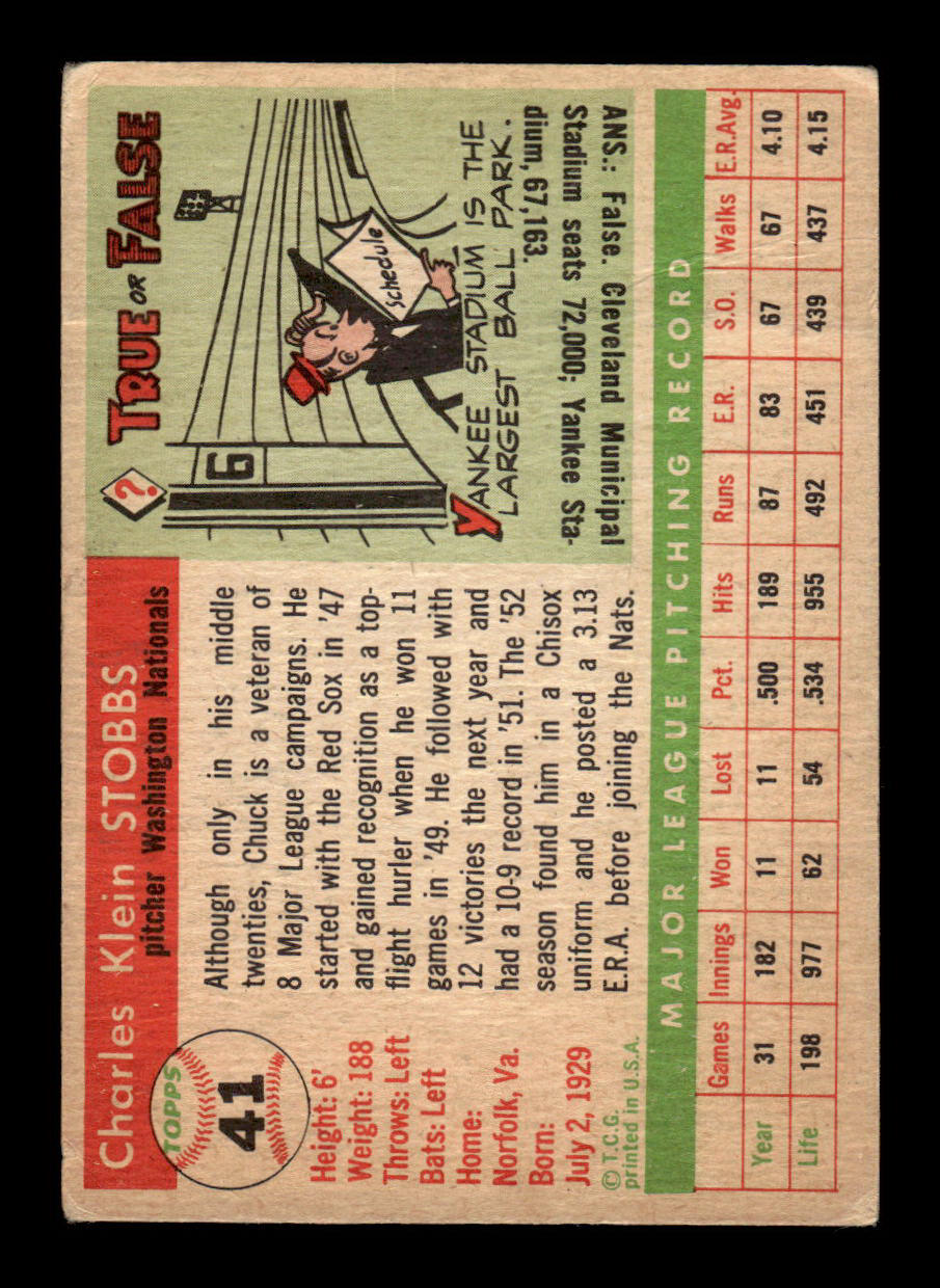 1955 Topps #41 Chuck Stobbs Washington Senators VG 55B10007544