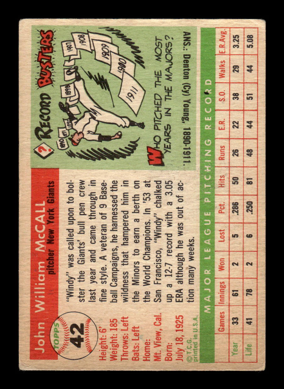 1955 Topps #42 Windy McCall New York Giants VG 55B10007545