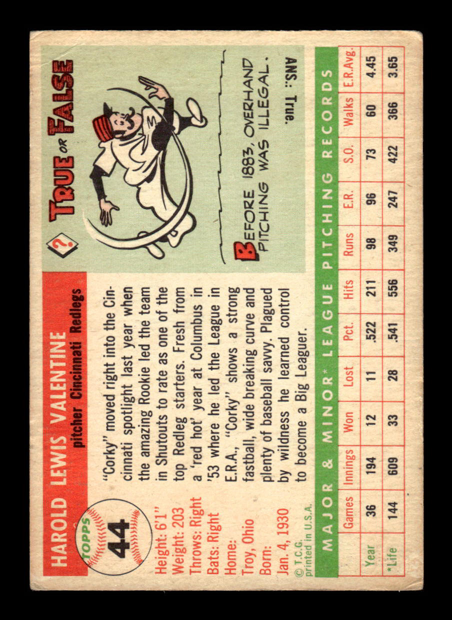 1955 Topps #44 Corky Valentine Cincinnati Redlegs VG 55B10007546
