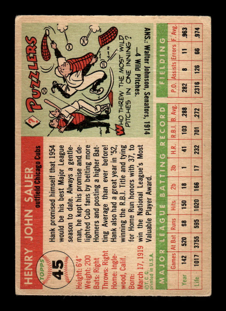 1955 Topps #45 Hank Sauer Chicago Cubs VG 55B10007547