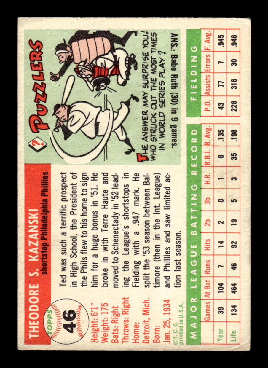1955 Topps #46 Ted Kazanski Philadelphia Phillies VG 55B10007548