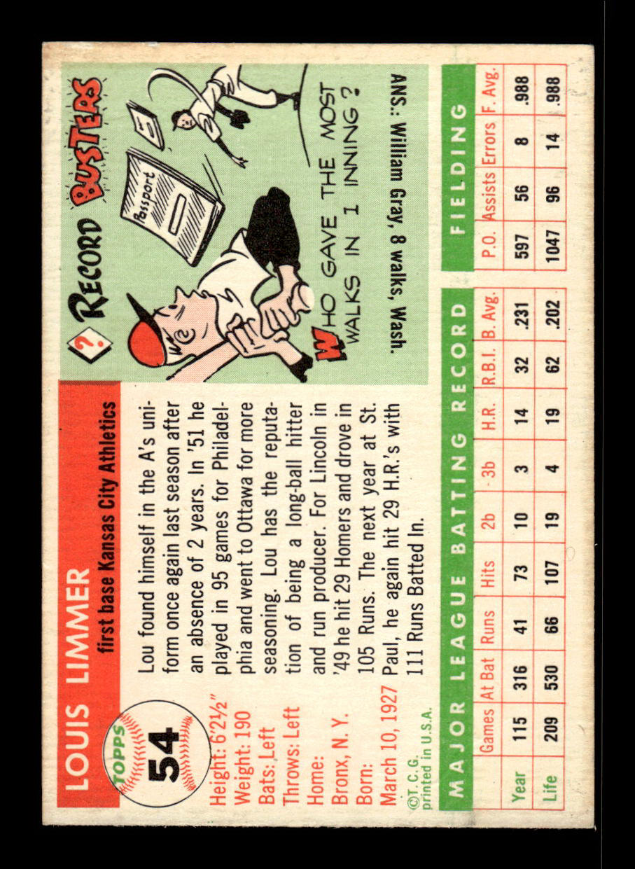 1955 Topps #54 Lou Limmer Kansas City Athletics EX 55B10007550
