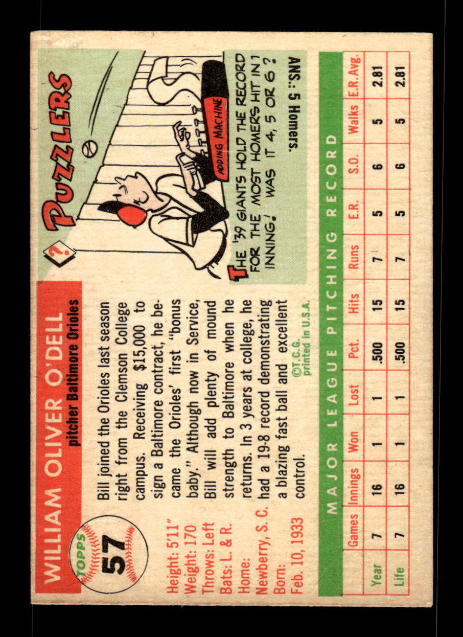 1955 Topps #57 Billy O'Dell Baltimore Orioles VG 55B10007553