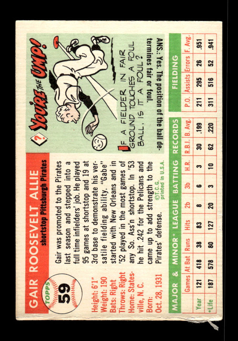 1955 Topps #59 Gair Allie Pittsburgh Pirates VG 55B10007555
