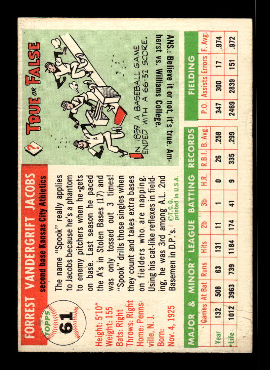 1955 Topps #61 Spook Jacobs Kansas City Athletics VG 55B10007557