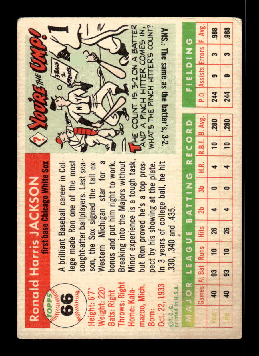 1955 Topps #66 Ron Jackson Chicago White Sox VG 55B10007562