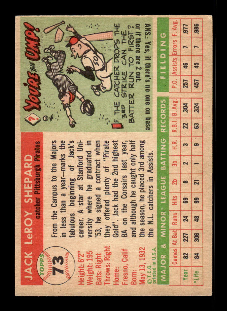 1955 Topps #73 Jack Shepard Pittsburgh Pirates VG 55B10007568