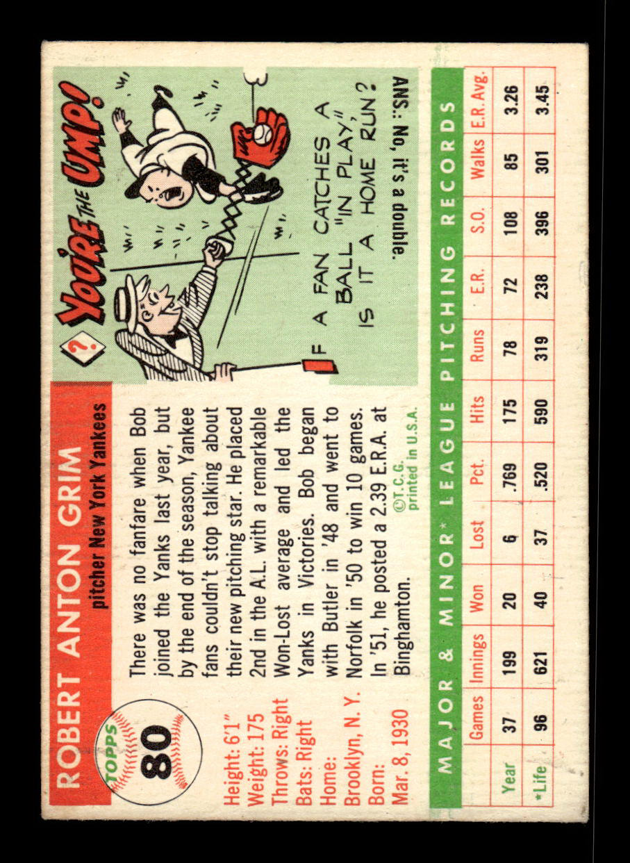 1955 Topps #80 Bob Grim New York Yankees VG 55B10007571