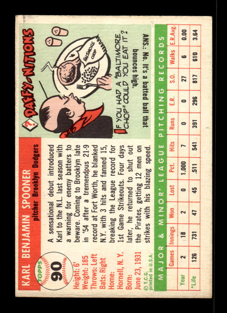 1955 Topps #90 Karl Spooner Brooklyn Dodgers VG 55B10007579
