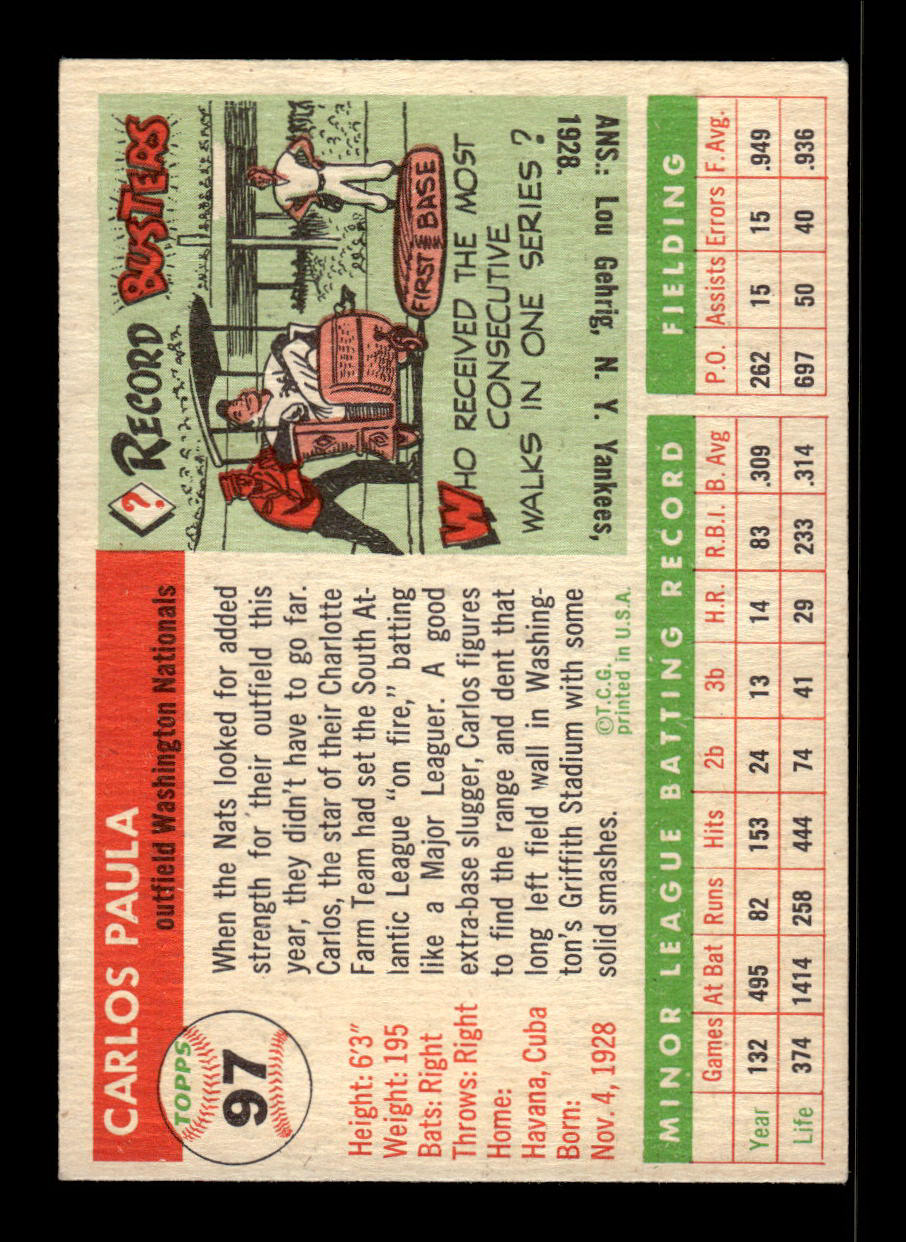 1955 Topps #97 Carlos Paula Washington Senators VG 55B10007585