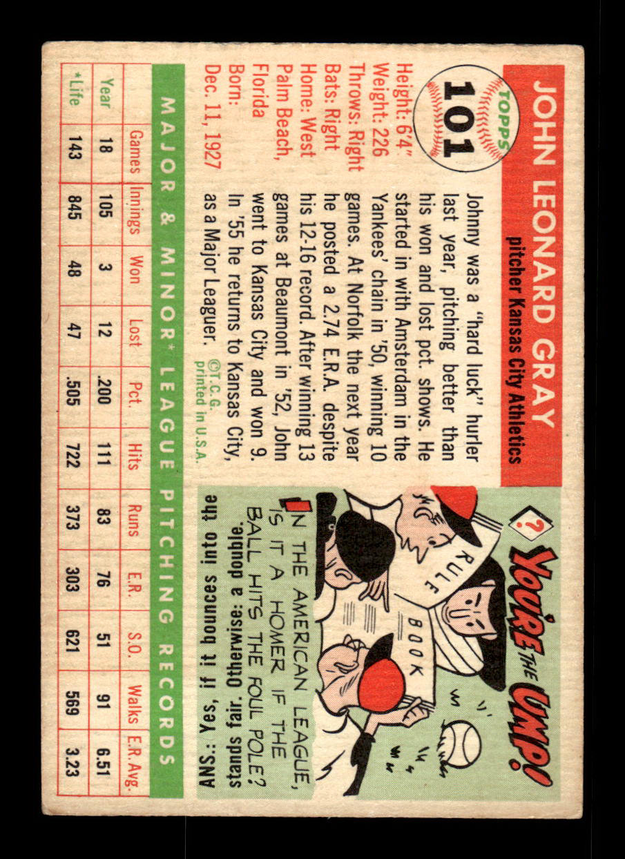 1955 Topps #101 Johnny Gray Kansas City Athletics VG 55B10007588