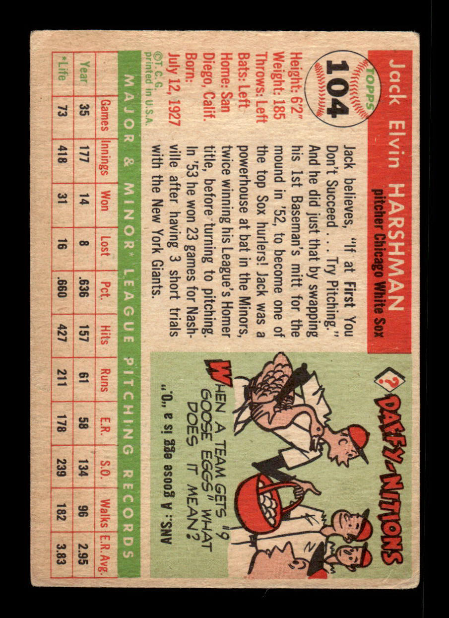 1955 Topps #104 Jack Harshman Chicago White Sox G/VG 55B10007590