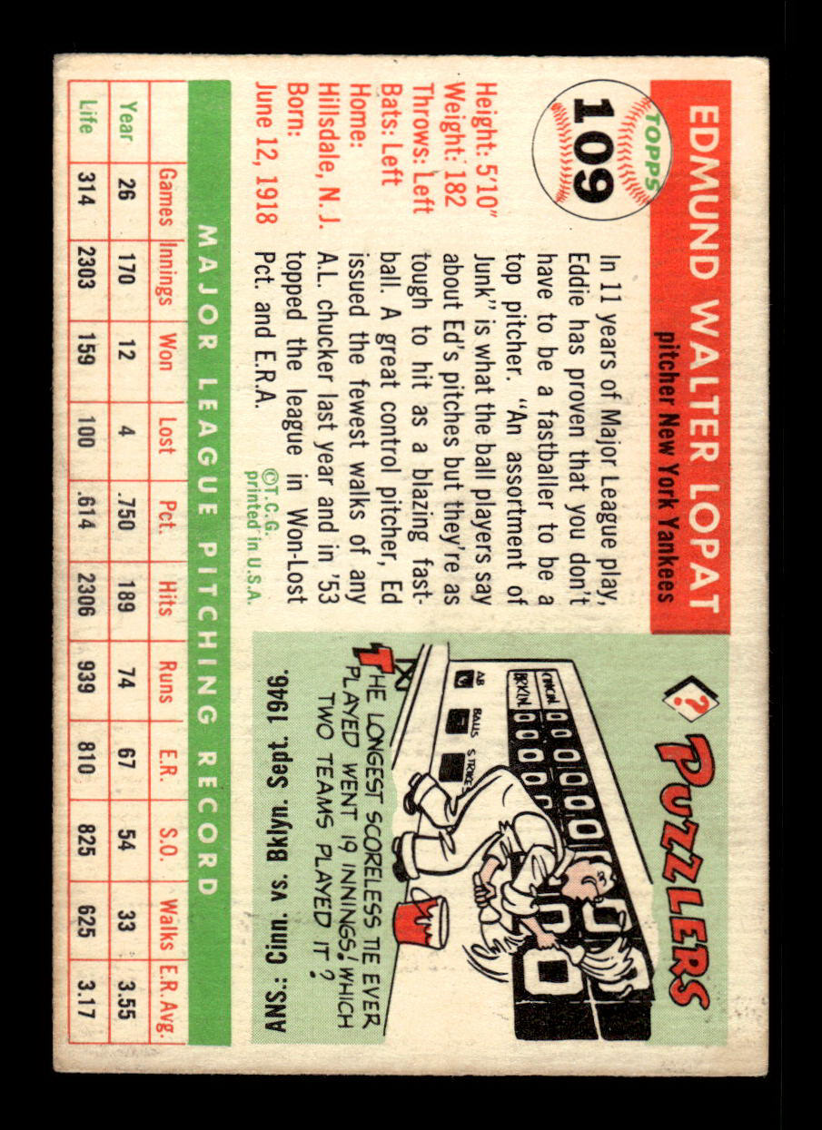 1955 Topps #109 Ed Lopat New York Yankees VG 55B10007593