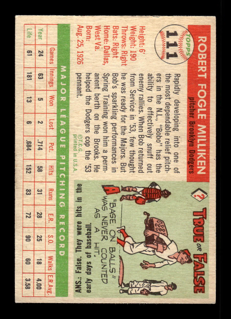 1955 Topps #111 Bob Milliken Brooklyn Dodgers VG 55B10007595