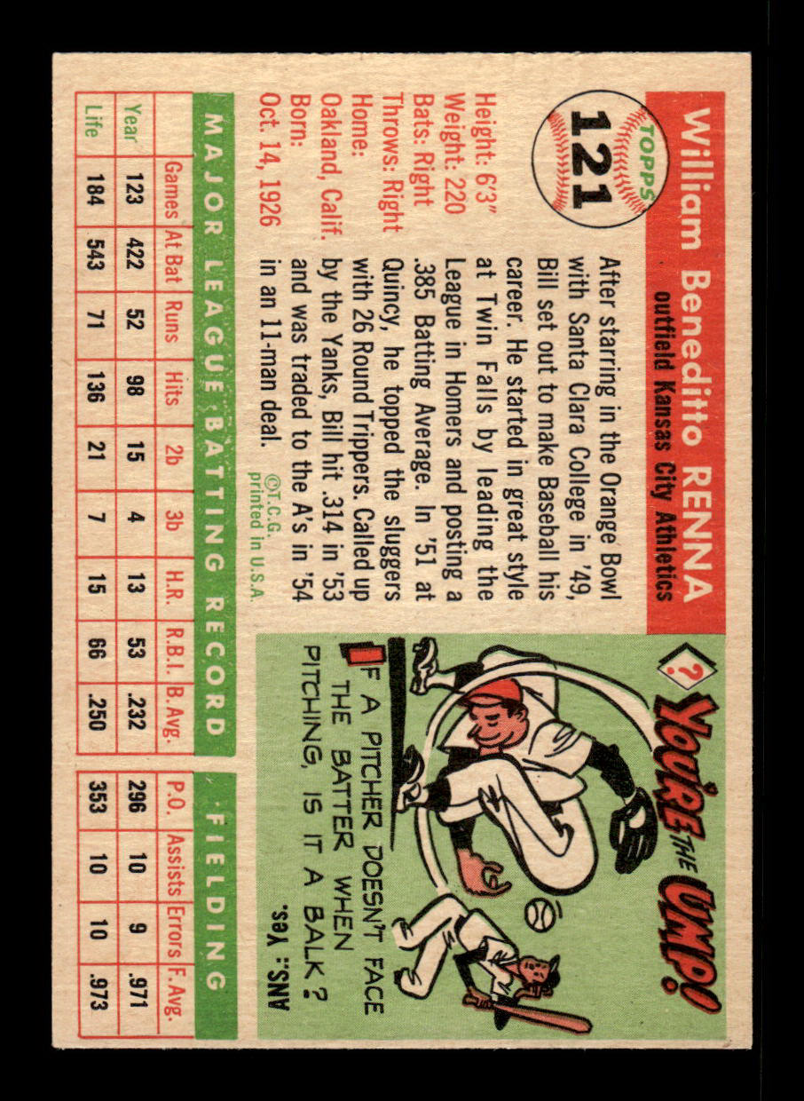 1955 Topps #121 Bill Renna Kansas City Athletics VG 55B10007601