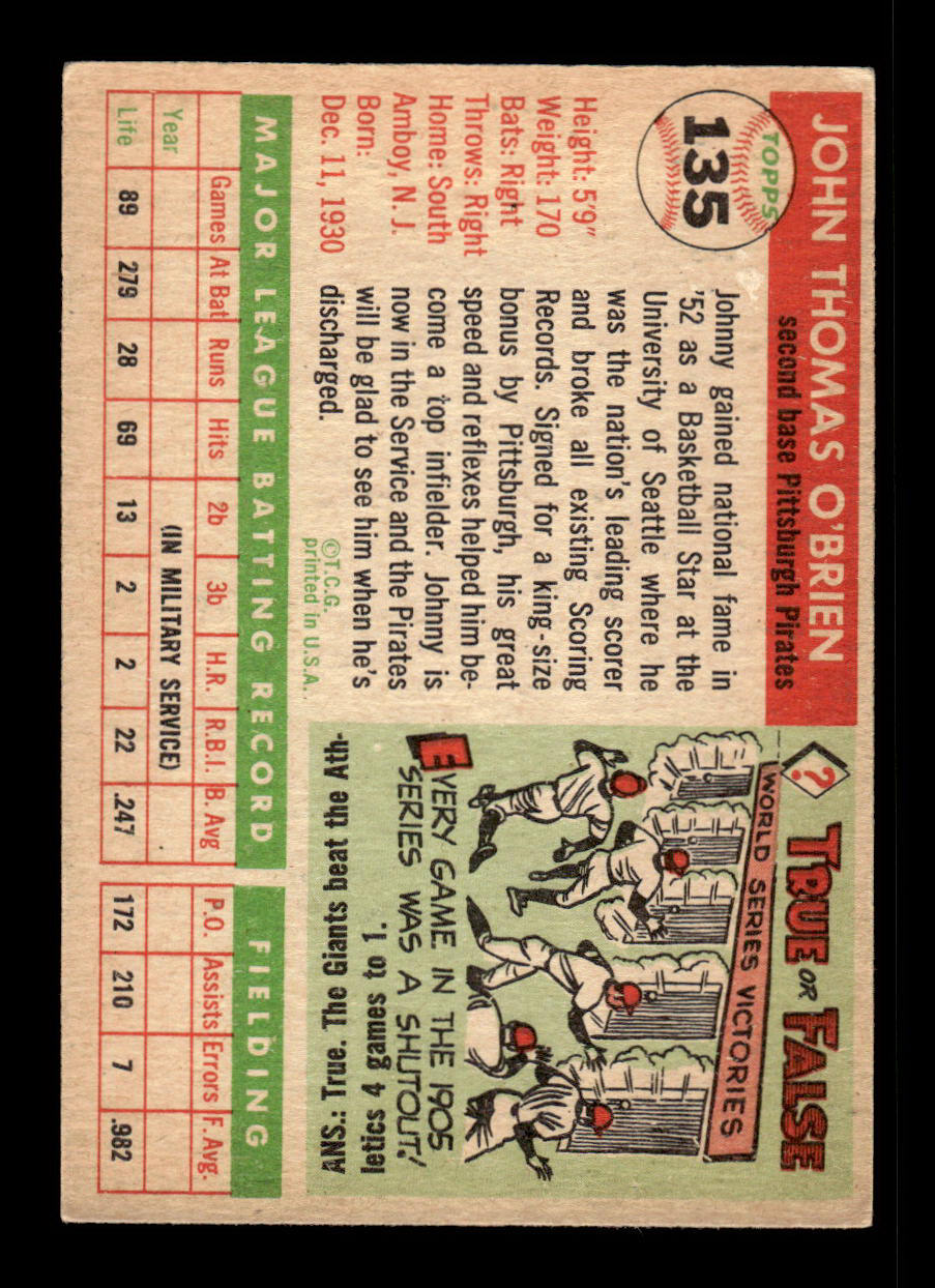1955 Topps #135 Johnny O'Brien Pittsburgh Pirates VG 55B10007610