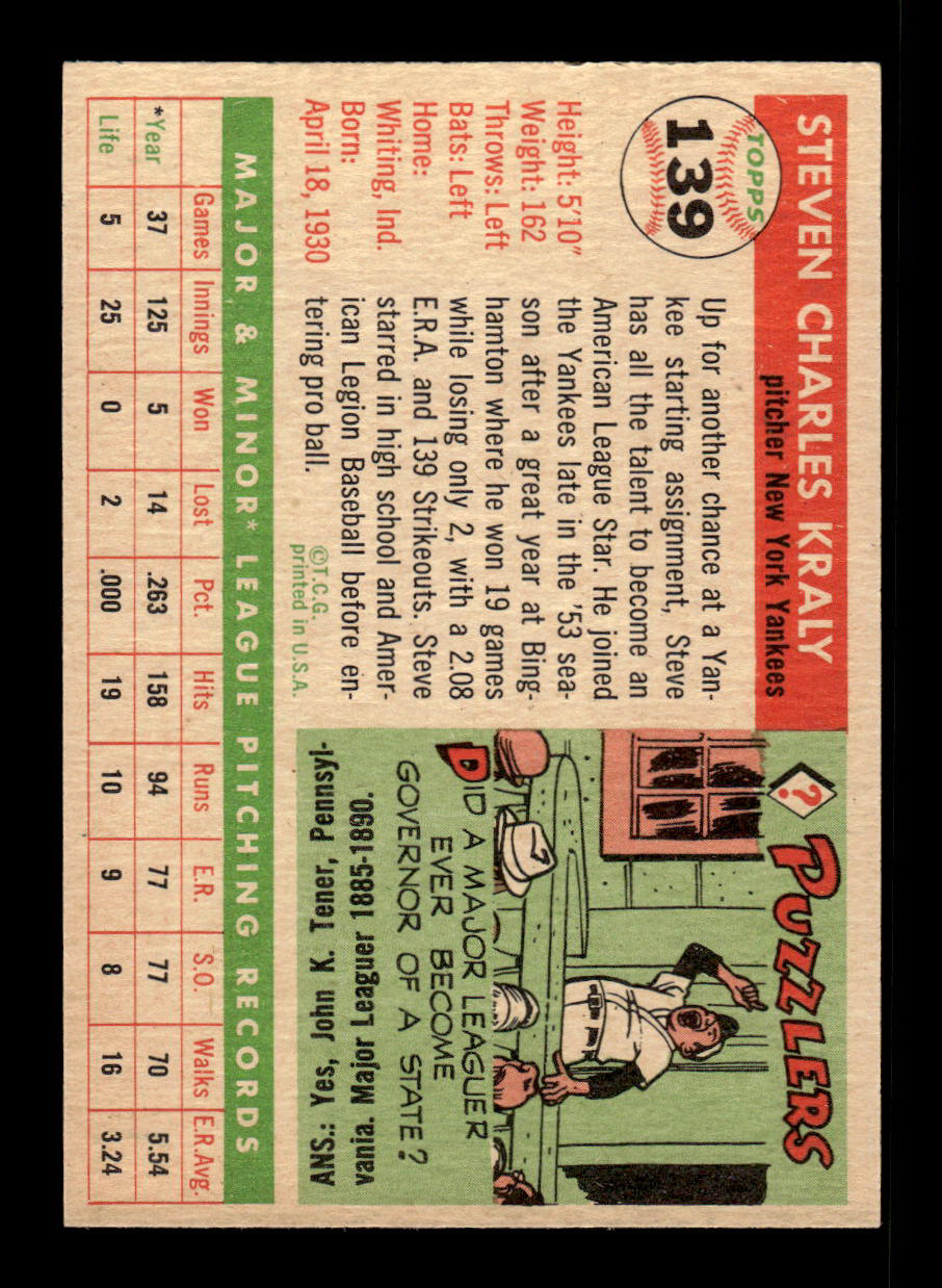 1955 Topps #139 Steve Kraly New York Yankees VG 55B10007614