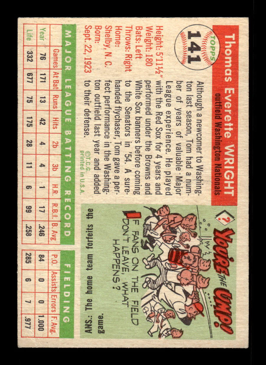 1955 Topps #141 Tom Wright Washington Senators VG 55B10007616