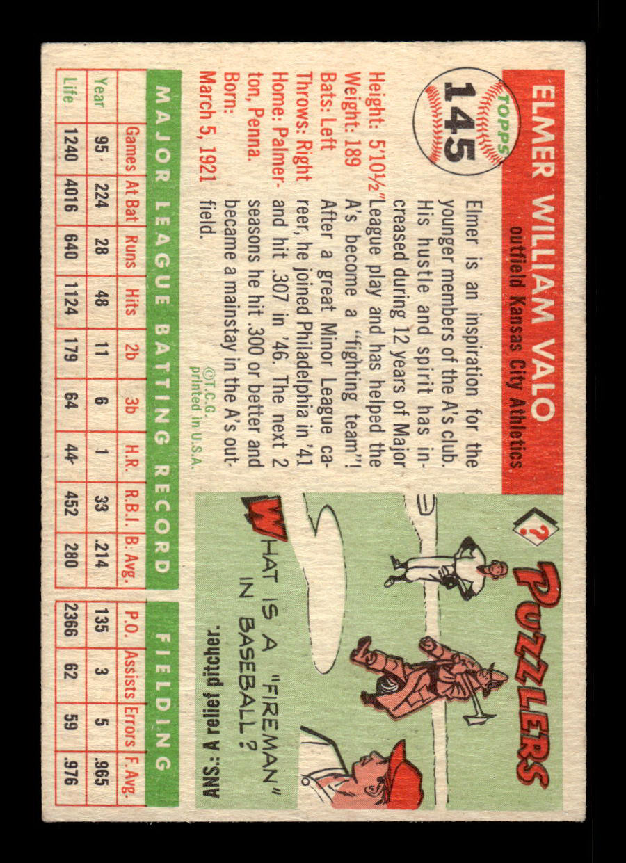 1955 Topps #145 Elmer Valo Kansas City Athletics VG 55B10007620