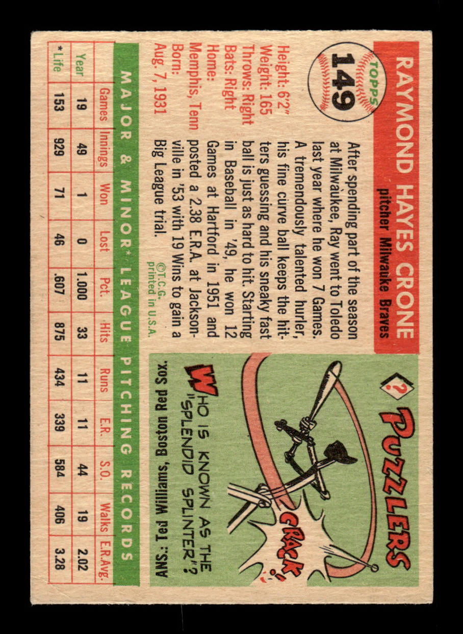 1955 Topps #149 Ray Crone Milwaukee Braves VG 55B10007623