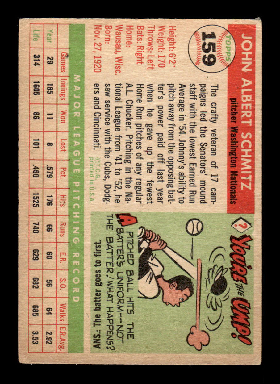 1955 Topps #159 Johnny Schmitz Washington Senators VG 55B10007628