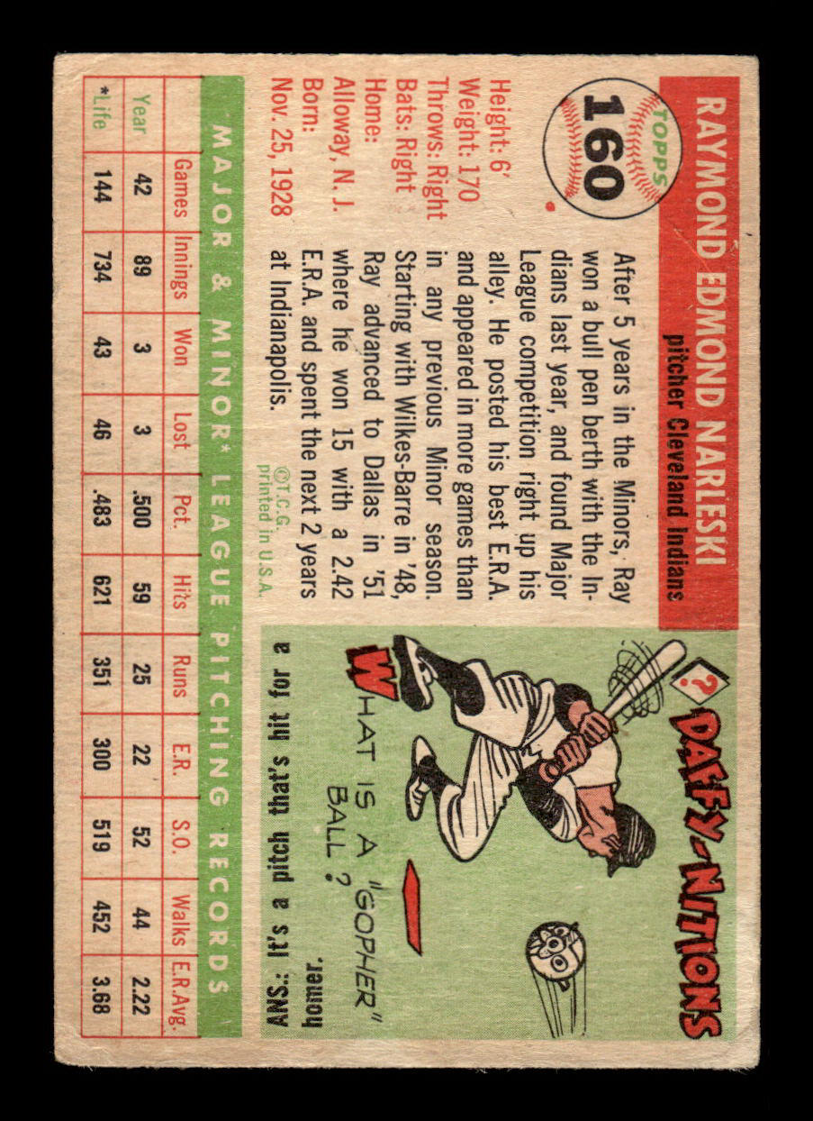 1955 Topps #160 Ray Narleski Cleveland Indians VG 55B10007629