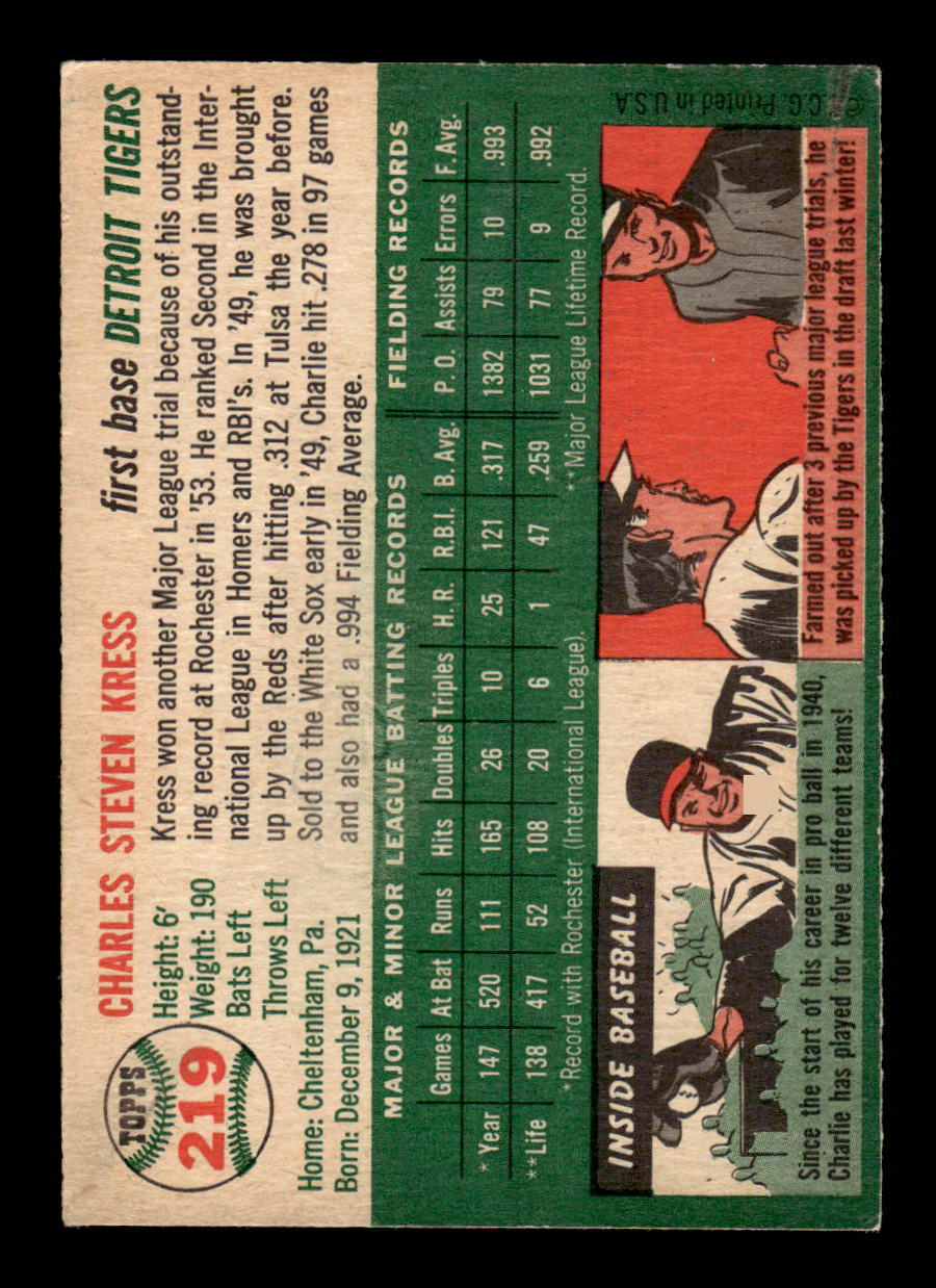 1954 Topps #219 Charlie Kress Detroit Tigers VG 54T10007693