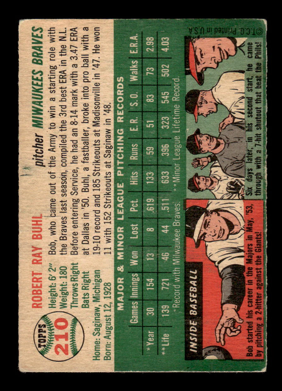 1954 Topps #210 Bob Buhl Milwaukee Braves VG 54T10007695