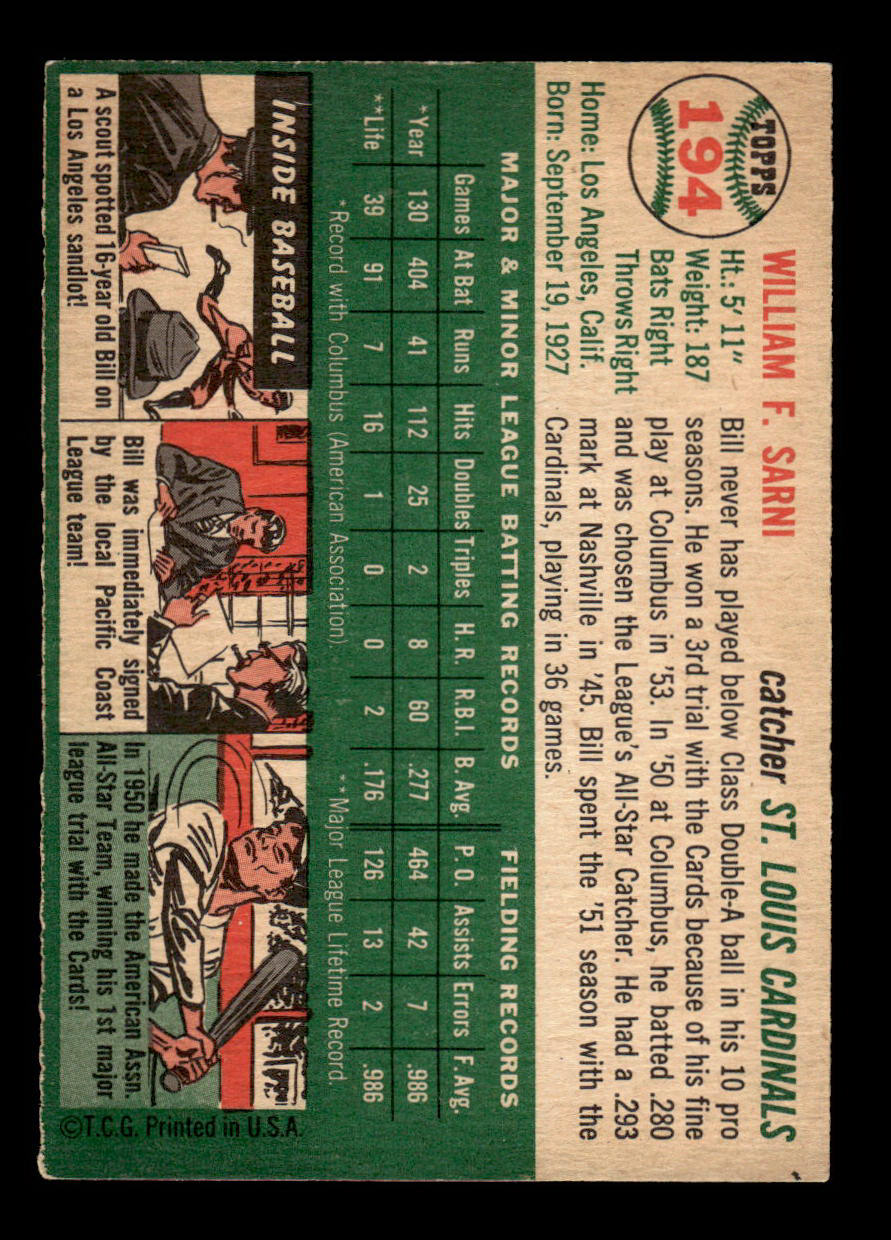 1954 Topps #194 Bill Sarni St. Louis Cardinals VG 54T10007704